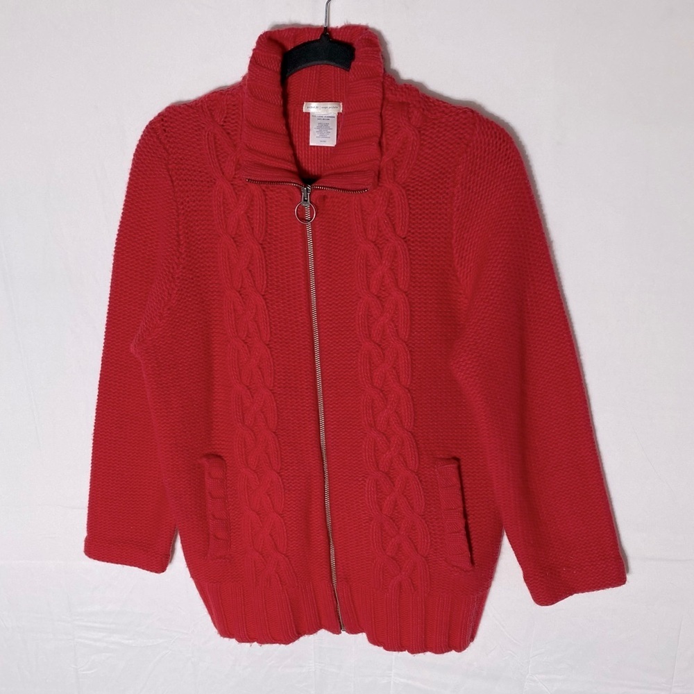 Women’s Red Wool Blend Cable Knit Zip Front Cardigan L